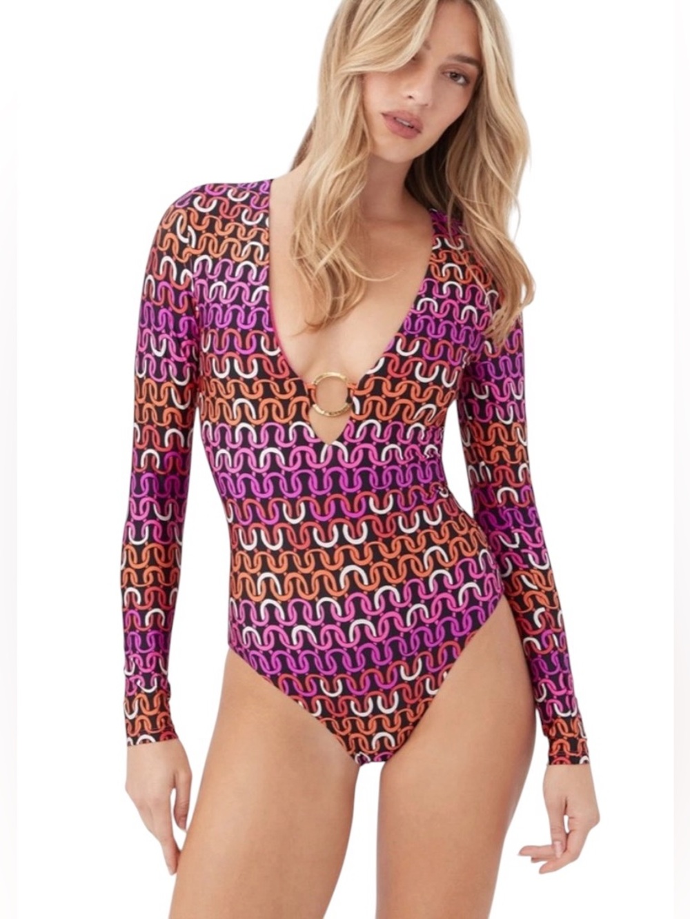 Trina Turk Women's Echo Long Sleeve Ring Front One Piece Paddle Suit, M